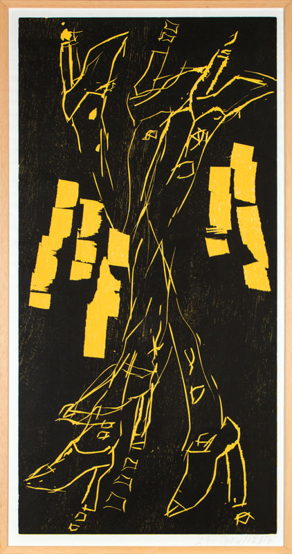 Detail a: Georg Baselitz, geb. 1938, Farbholzschnitt auf äußerst feinem Japanpapier, Handabzug, 2016, handsign., Nr. 27, Auflage 50 Exemplare, ca. 99x49,5 ...