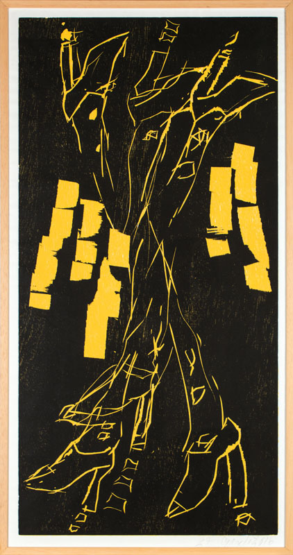 Detail b: Georg Baselitz, geb. 1938, Farbholzschnitt auf äußerst feinem Japanpapier, Handabzug, 2016, handsign., Nr. 27, Auflage 50 Exemplare, ca. 99x49,5 ...