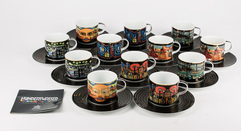 Friedensreich Hundertwasser, 1928-2000, Kaffeeservice für 12 Personen, bestehen aus 12Kaffeetassen und 12 Untertassen, mit Entwürfenvon ...