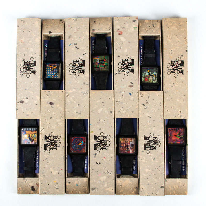 Friedensreich Hundertwasser, 1928-2000, Die Sieben Schöpfungstage, Konvolut aus 7 Armbanduhren, Motive: Himmel und Erde, Trennt Licht von ...
