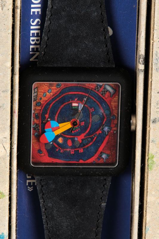 Detail d: Friedensreich Hundertwasser, 1928-2000, Die Sieben Schöpfungstage, Konvolut aus 7 Armbanduhren, Motive: Himmel und Erde, Trennt Licht von ...