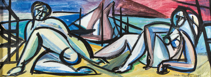 Atillo Polato, 1896-1978, Strandszene, Öl/Holz, handsign., dat. 1951, ca. 27x75 cm, Rahmen