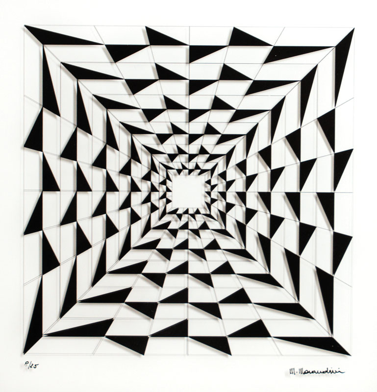 Marcello Morandini, geb. 1940 Mantua, Abstrakte 3-D Komposition, handsign., num. 8/25, aus 2017, ca. 30x30 cm, zwischen zwei geschichteten ...
