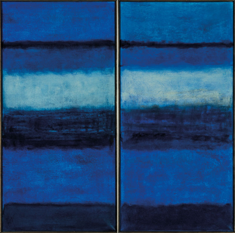 Gaston Gale, zeitgenössischer Belgischer Künstler, 2 Pendants in Blau, Acryl/Lwd, sign., je ca. 100x50 cm, Leisten