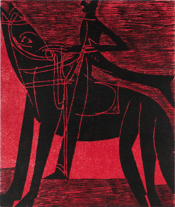HAP Grieshaber, 1909-1981, Der Reiter, 1981,Holzschnitt in rot/schwarz auf Bütten, Nachlaßstempel aus dem Atelier Grieshaber, num. e.a., Auflage ...