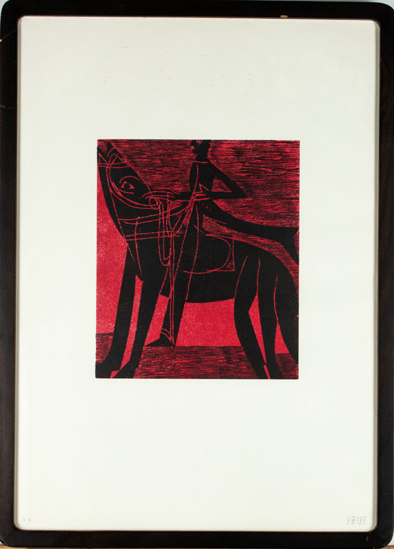 Detail b: HAP Grieshaber, 1909-1981, Der Reiter, 1981,Holzschnitt in rot/schwarz auf Bütten, Nachlaßstempel aus dem Atelier Grieshaber, num. e.a., Auflage ...