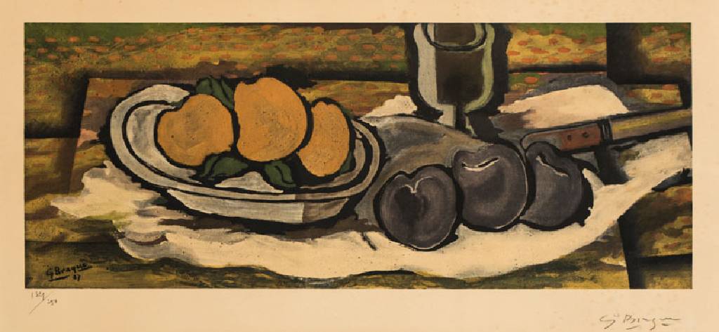 Georges Braque, 1882-1963, Nature morte sur une nappe, Farblithografie, handsign., num. 132/250, Motiv 28,5x72,5 cm, unter Glas gerahmt, gesamt ...