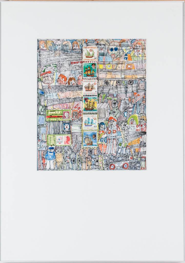 unbekannter Künstler, Filzstiftzeichnung/ Collage mit Briefmarken, PP Ausschnitt ca. 35x30 cm, unter Glas gerahmt, gesamt 72x50 cm