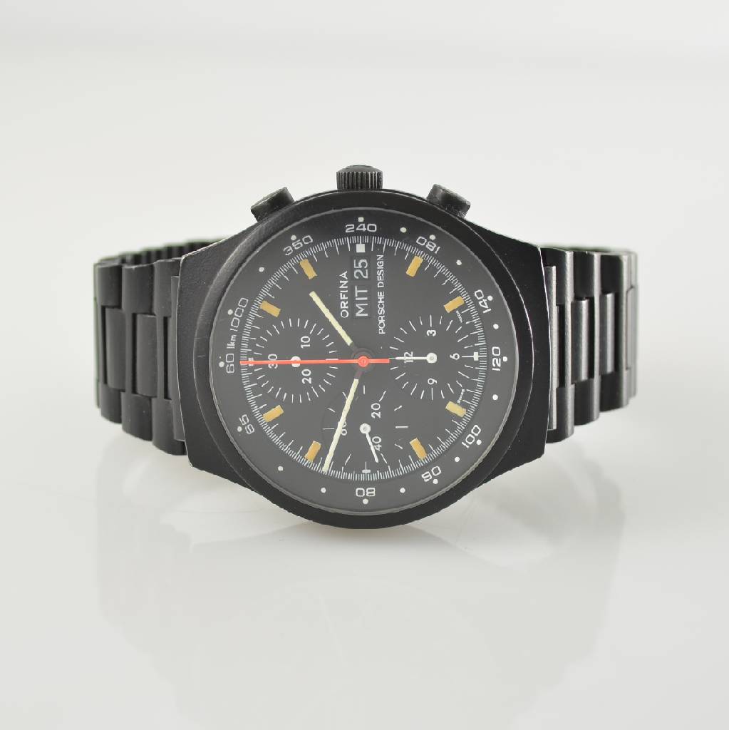 ORFINA/PORSCHE-DESIGN Armbandchronograph, Automatik, Schweiz um 1980, Edelstahl inkl. Edelstahlband schwarz matt., verschr. Boden l.verkr., Anz. v. ...