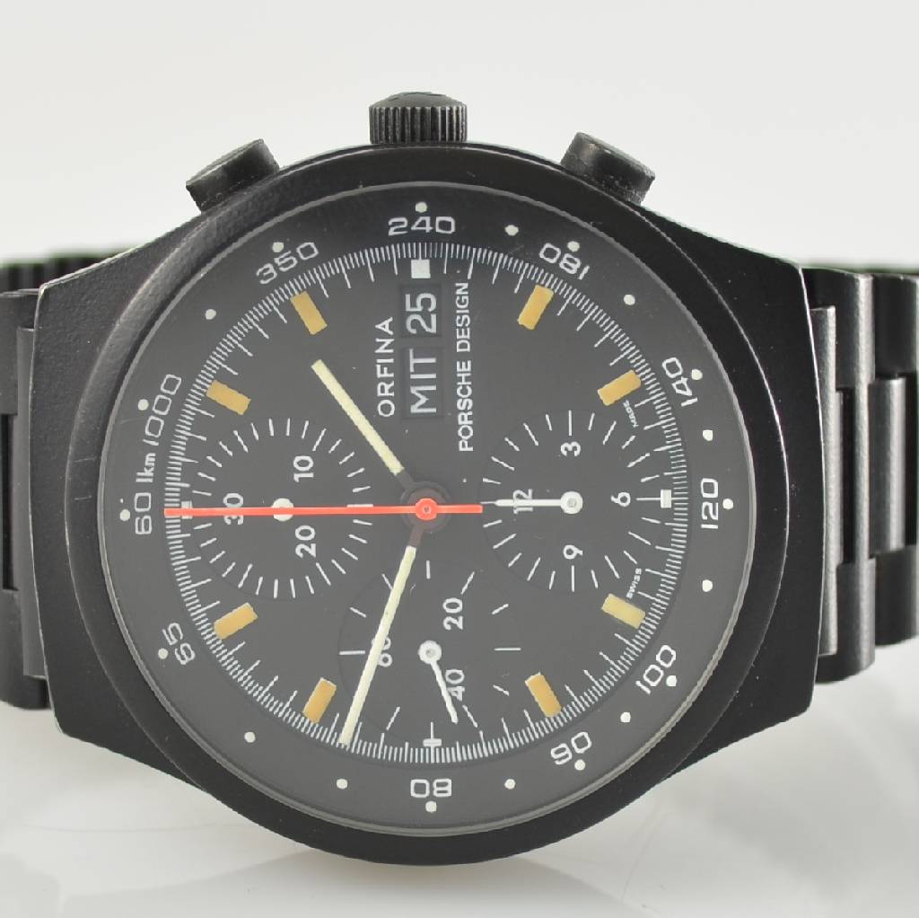 Detail a: ORFINA/PORSCHE-DESIGN Armbandchronograph, Automatik, Schweiz um 1980, Edelstahl inkl. Edelstahlband schwarz matt., verschr. Boden l.verkr., Anz. v. ...