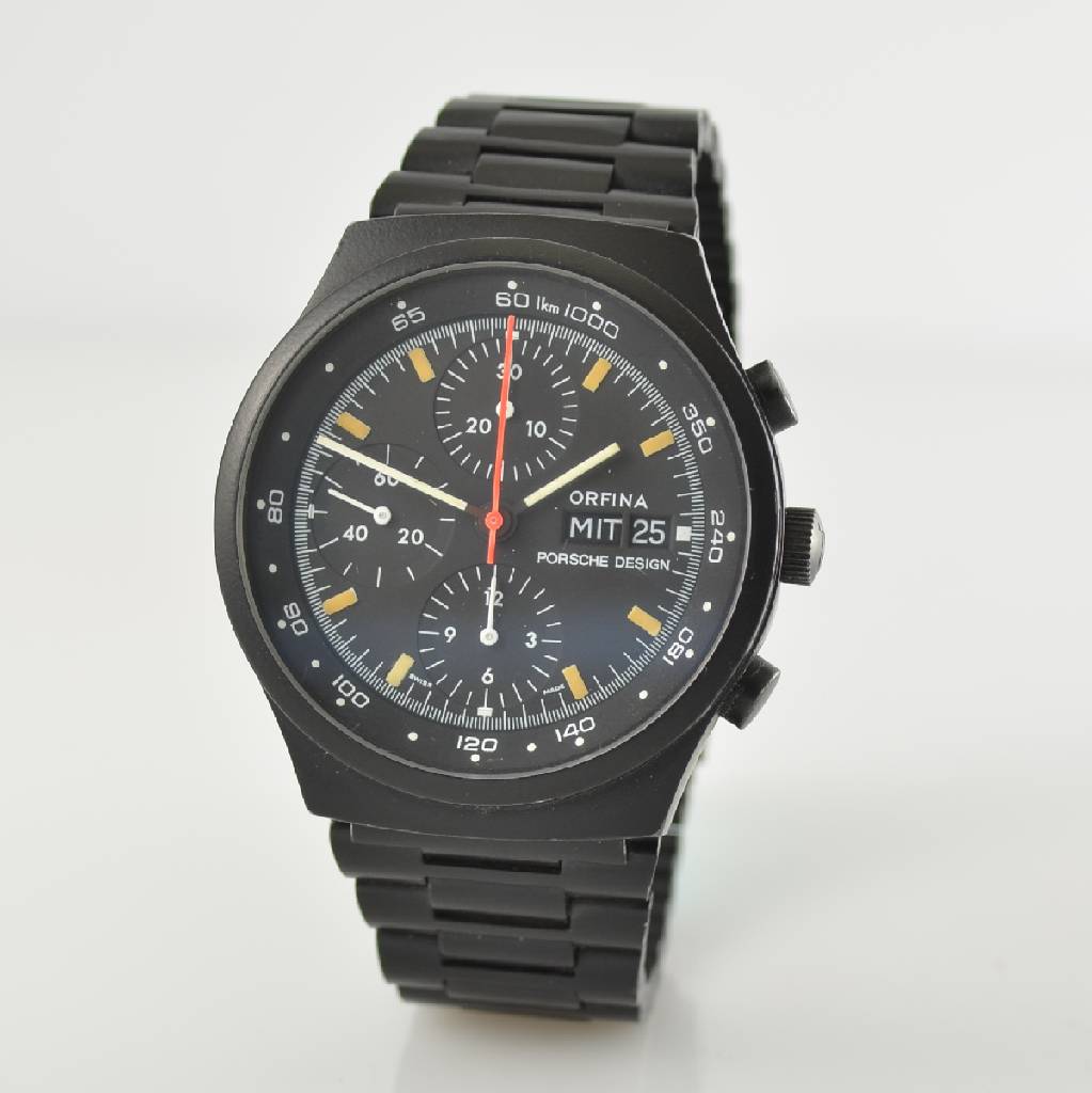 Detail b: ORFINA/PORSCHE-DESIGN Armbandchronograph, Automatik, Schweiz um 1980, Edelstahl inkl. Edelstahlband schwarz matt., verschr. Boden l.verkr., Anz. v. ...