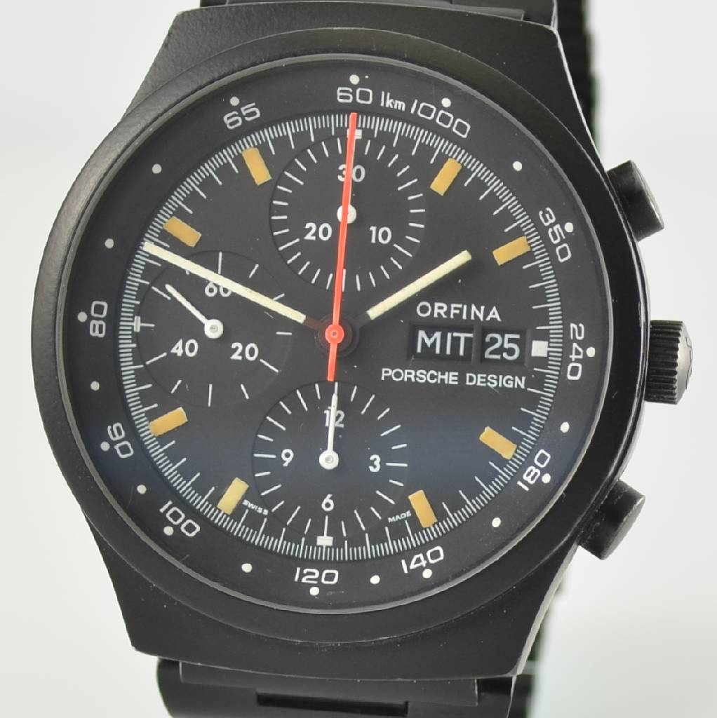 Detail c: ORFINA/PORSCHE-DESIGN Armbandchronograph, Automatik, Schweiz um 1980, Edelstahl inkl. Edelstahlband schwarz matt., verschr. Boden l.verkr., Anz. v. ...