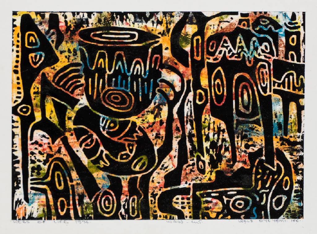Wolz Oyeyemi, afrikanischer Künstler, Webs of life, Farbholzschnitt, sign., betitelt, dat. 1974, PP Ausschnitt 46,5x33 cm,unter Glas gerahmt