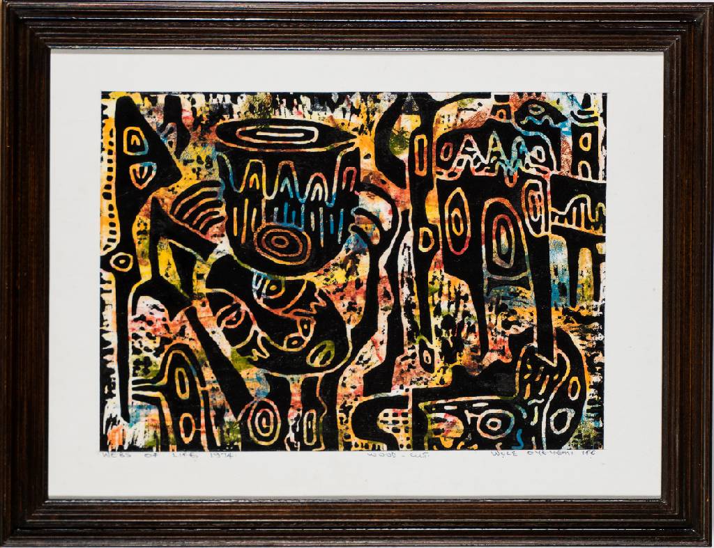 Detail a: Wolz Oyeyemi, afrikanischer Künstler, Webs of life, Farbholzschnitt, sign., betitelt, dat. 1974, PP Ausschnitt 46,5x33 cm,unter Glas gerahmt
