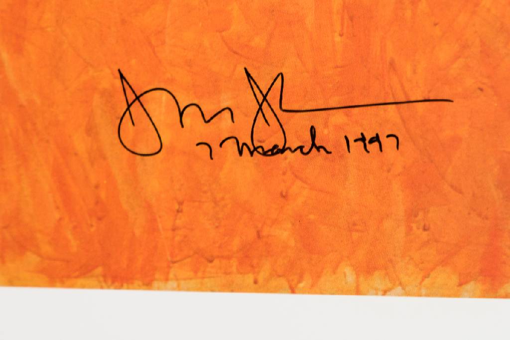 Detail a: Jasper Johns, geb. 1930, Flag on orange field, Farboffset auf dünnem Karton, handsign., dat. 7 March 1997, Blattgr. 80x60 cm, kleiner Fleck am li ...