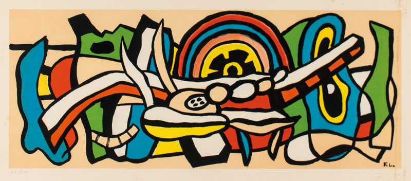 Fernand Léger, 1881-1955, Composition, Farblithografie, monogram. und handsign., num. 30/300, Motiv ca. 22x55 cm, unter Glas gerahmt, leichte ...