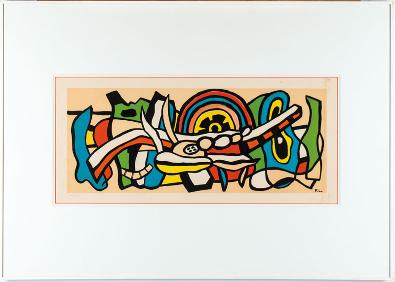 Detail a: Fernand Léger, 1881-1955, Composition, Farblithografie, monogram. und handsign., num. 30/300, Motiv ca. 22x55 cm, unter Glas gerahmt, leichte ...