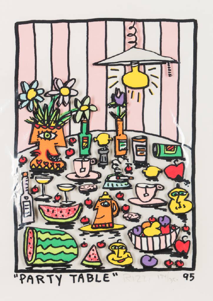 James Rizzi, 1950-2011, Party Table, 3D- Lithografie, 1995, handsign., num. 174/350, Motiv 14,5x21 cm, Blattgr. 23x29 cm
