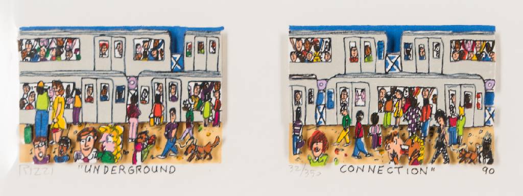 James Rizzi, 1950-2011, Underground Connection, 3D-Lithografie, 1990, handsign., num. 32/350, Motiv 5,5x18 cm, Blattgr. 12x24 cm