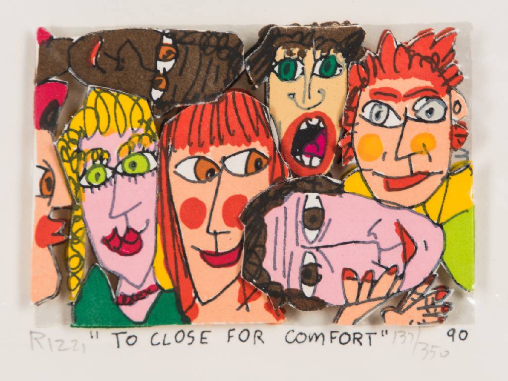 James Rizzi, 1950-2011, To close for Comfort, 3D-Lithografie, 1990, handsign., num. 137/350, Motiv 5,5x7,5 cm, Blattgr. 12x14 cm