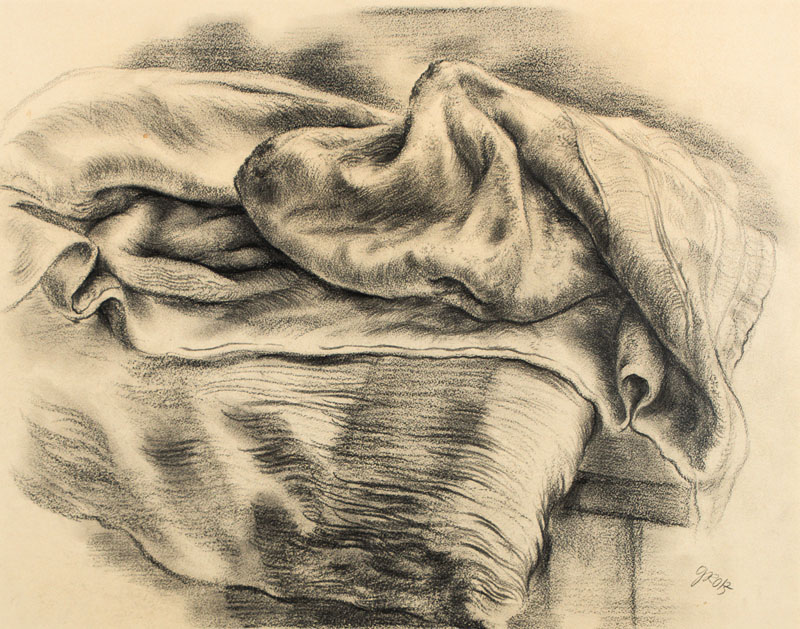 George Grosz, 1893-1959, Textilstudie, Kohlezeichnung auf leichtem Karton, rechts unten handsigniert, Entstehungsjahr 1939, verso bezeichnet 202 ...