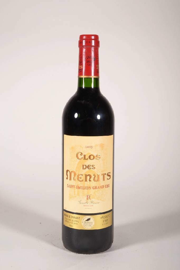 18 Flaschen 2003 Clos des Menuts, Saint-Emilion, Grand Cru, je. ca. 70 cl, 13% Vol., Füllstand: je ca. into neck, unverkostet, gute ...