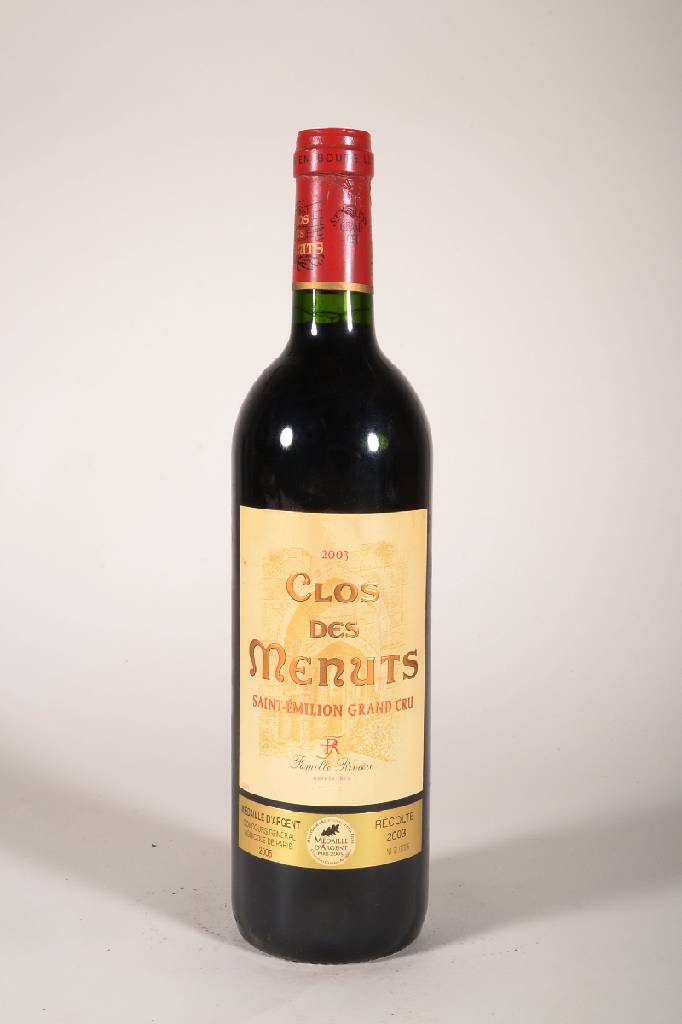 18 Flaschen 2003 Clos des Menuts, Saint-Emilion, Grand Cru, je ca. 75 cl, 13 % Vol., Füllstand: je ca. top shoulder bis into neck, unverkostet, ...