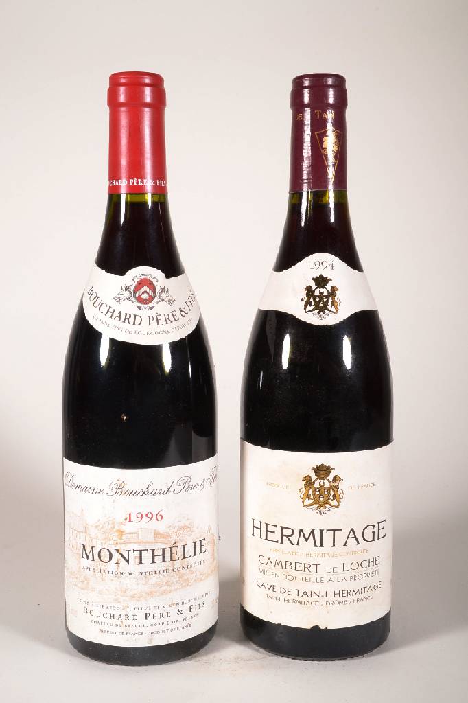 Konvolut aus 12 Flschen, 6 Flaschen 1994 Hermitage Gambert de Loche und 6 Flaschen 1996Domaine Bouchard Pere & Fils, je ca. 75 cl, 13% Vol., Abstand ...