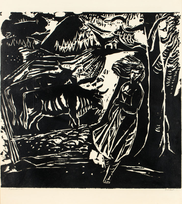 Karl Rödel, 1907-1982, Märzwind, Holzschnitt handsign., Blattgr. 60x50 cm, unter Glas gerahmt