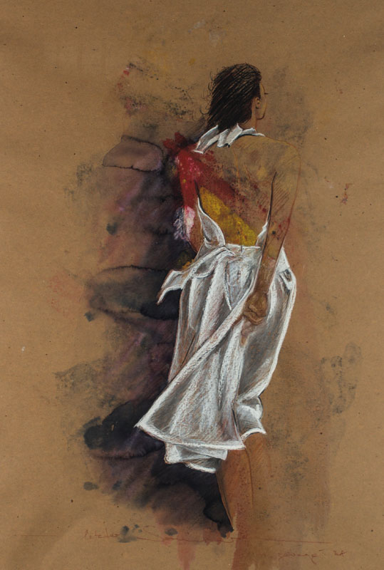 Brigitte George, Letzter Sommertag, Mischtechnik auf braunem Papier, sign., ca. 105x76 cm, unter Glas gerahmt
