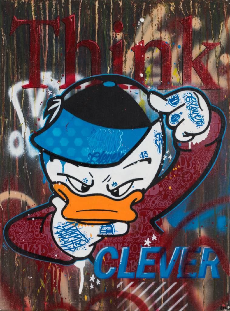 Benny the Kid, franz. Street-Art Künstler, Think Clever, Acryl/Sprühfarbe auf Lwd, sign., verso betitelt, 60x45 cm