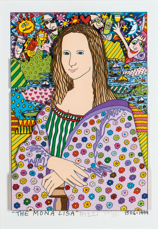 James Rizzi, 1950-2011, 3D-Lithografie, handsign., num. 25/350, unter Glas gerahmt, zzgl. 3 Telefonkarten, unter Glas gerahmt Motiv ca. 26x18 cm, ...