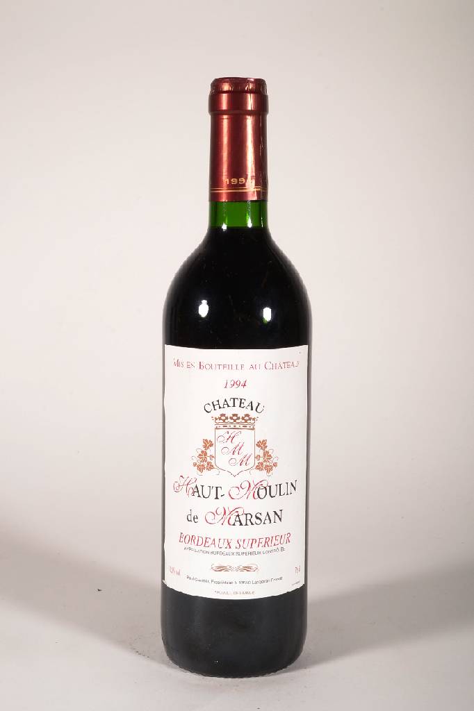 7 Flaschen 1994 Chateau Haut Moulin de Marsan , je ca. 75 cl., 11,5 % Vol., Füllstand: je ca. top shoulder bis into neck, unverkostet, sehr gute ...