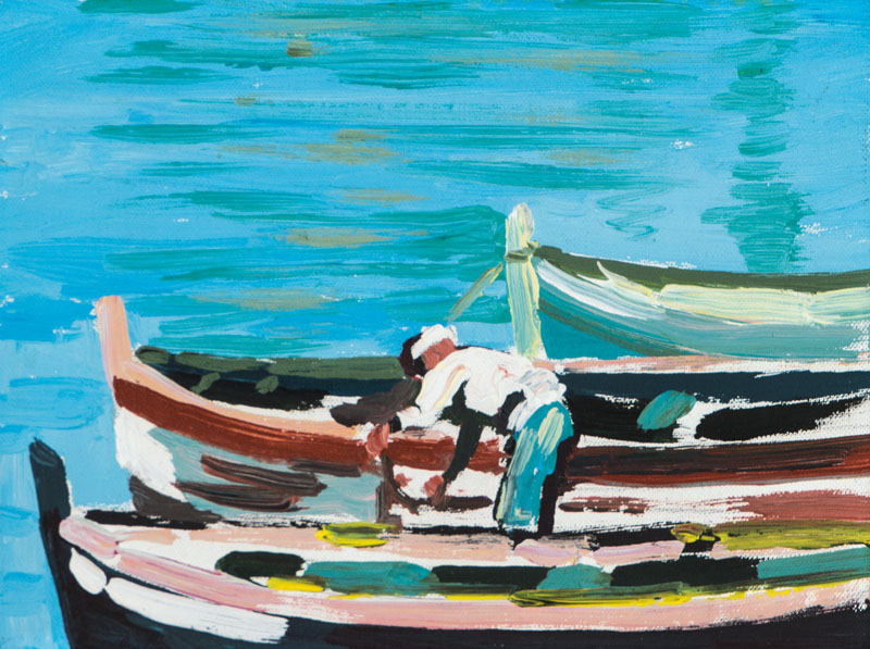 unbekannter Künstler, Fischer mit Boot, Acryl/Lwd, verso undeutlich sign., dat. 1970, ca. 15x20 cm, Rahmen, gesamt 20x25 cm