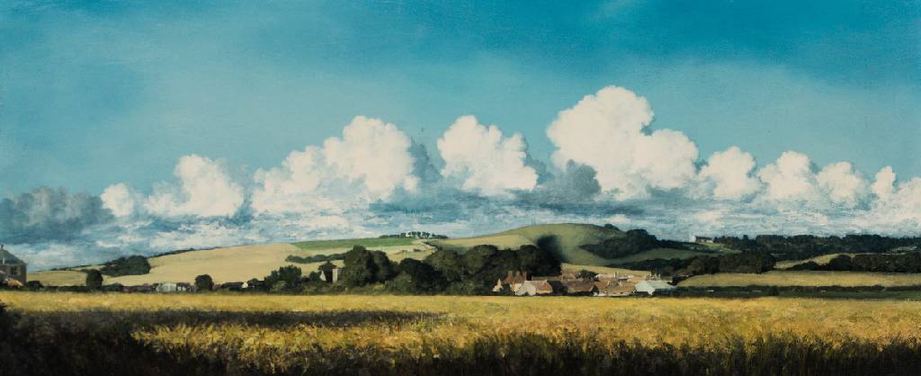 Oliver Ommanney, Trundle hill near Lavant, West Sussex, England, Öl/Hartfaser, 1981, sign., ca. 20x45 cm, Rahmen, gesamt 24x49 cm
