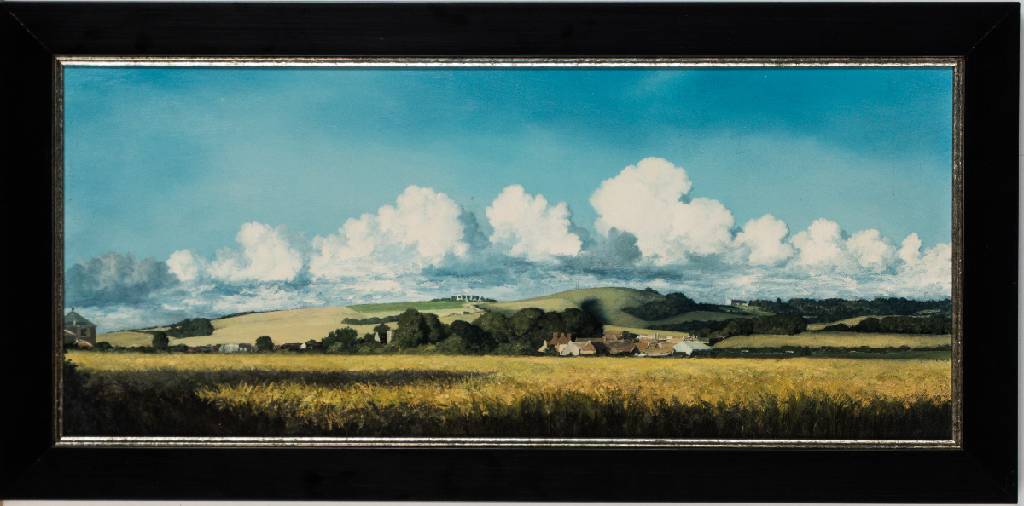 Detail a: Oliver Ommanney, Trundle hill near Lavant, West Sussex, England, Öl/Hartfaser, 1981, sign., ca. 20x45 cm, Rahmen, gesamt 24x49 cm