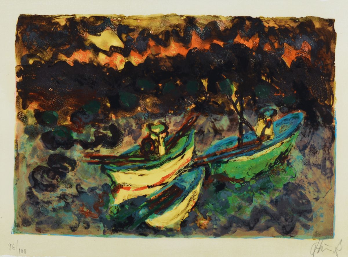 Christian Kruck, 1925-1985, Farbholzschnitt,handsign., num. 96/100, Ausschnitt 32x44 cm, unter Glas gerahmt, gesamt 50x70 cm