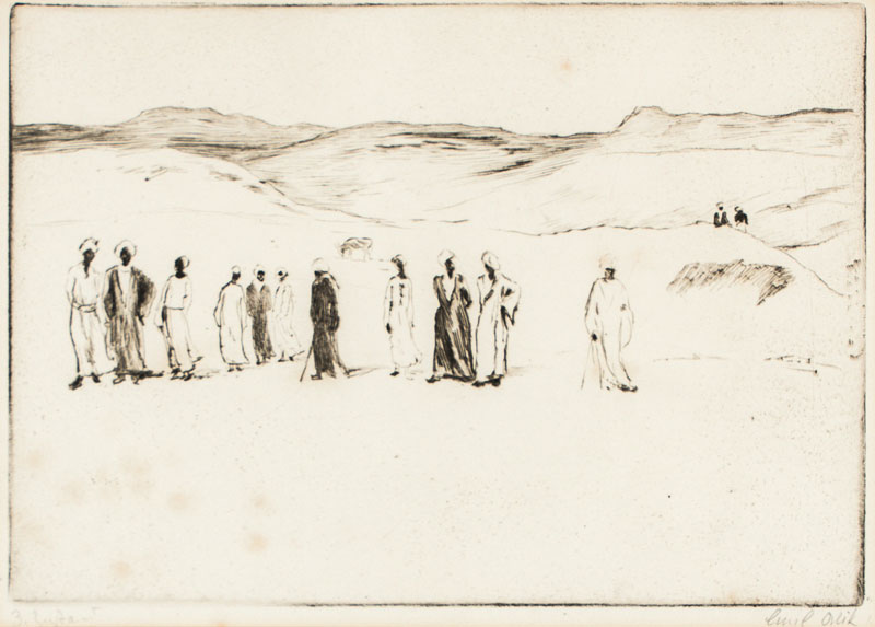 Emil Orlik, 1870-1932, Araber in der Wüste, Radierung, 1912, handsign., Platte 19x27 cm, unter Glas gerahmt, gesamt 37x43,5 cm leichte Stockflecken