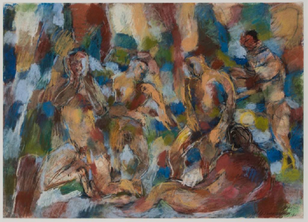 Manfred Henninger, 1894-1986, Badende, Pastellkreide/ Papier, sign., dat. 1941, PP- Ausschnitt 45x62,5 cm, unter Glas gerahmt, gesamt 76x106 cm