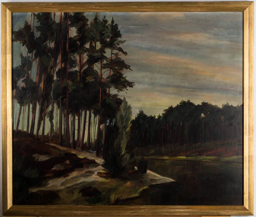 Detail a: unbekannter Künstler, wohl Offenbacher Raum,Waldstück, Öl/Lwd, undeutlich sign., 62x74 cm,Rahmen