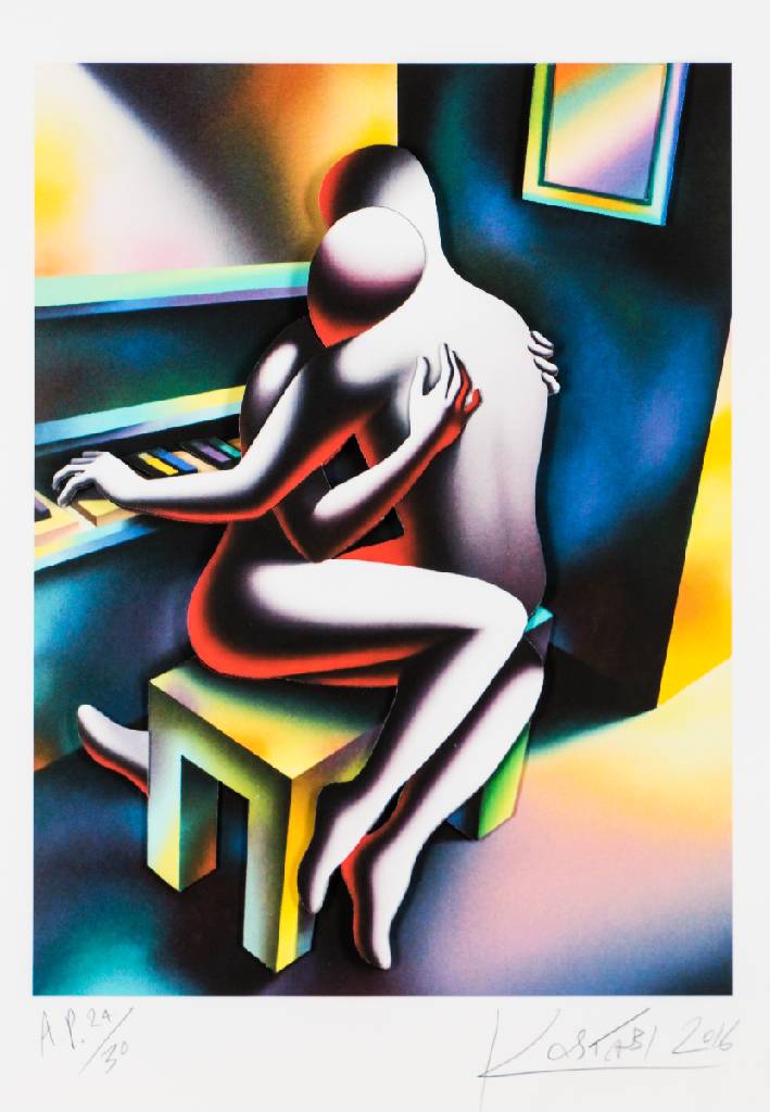Mark Kostabi, geb. 1960, Embracing desire, 3D-Lithografie, handsign., dat. 2016, num. AP 24/30, Motiv ca. 45x34 cm