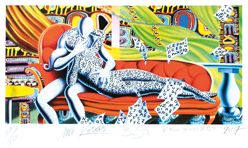 Mark Kostabi, Paul Kostabi, Tony Esposito, As time goes by, Farbserigraphie, von allen 3 Künstlern sign., dat. 2017, num. 119/120, Motiv ca. 22,5x45 ...