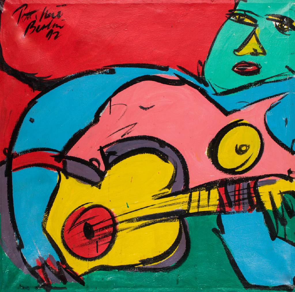 Peter Robert Keil, geb. 1942, Gitarrenspielerin, Acryl/Textil, sign., dat. 1992, ca. 100x100 cm, kleiner Riss im Stoff links unten