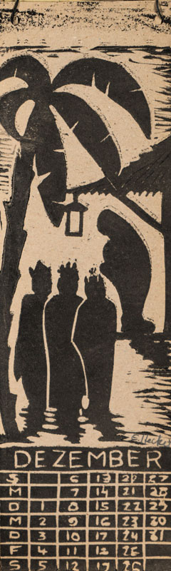 Detail e: Kalender aus 14 Holzschnitten mehrerer Expressionisten, darunter Erich Heckel, Alfred Helberger, Wolfgang Kohl, jedes Blatt handsign., ca. 32x10 cm
