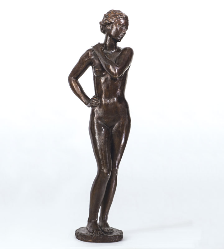 Fritz Klimsch, 1870-1960, In Wind und Sonne,1936, Bronzestatue mit dunkelbrauner Patina, in der Plinthe monogrammiert "FK" und mit Stempel ...