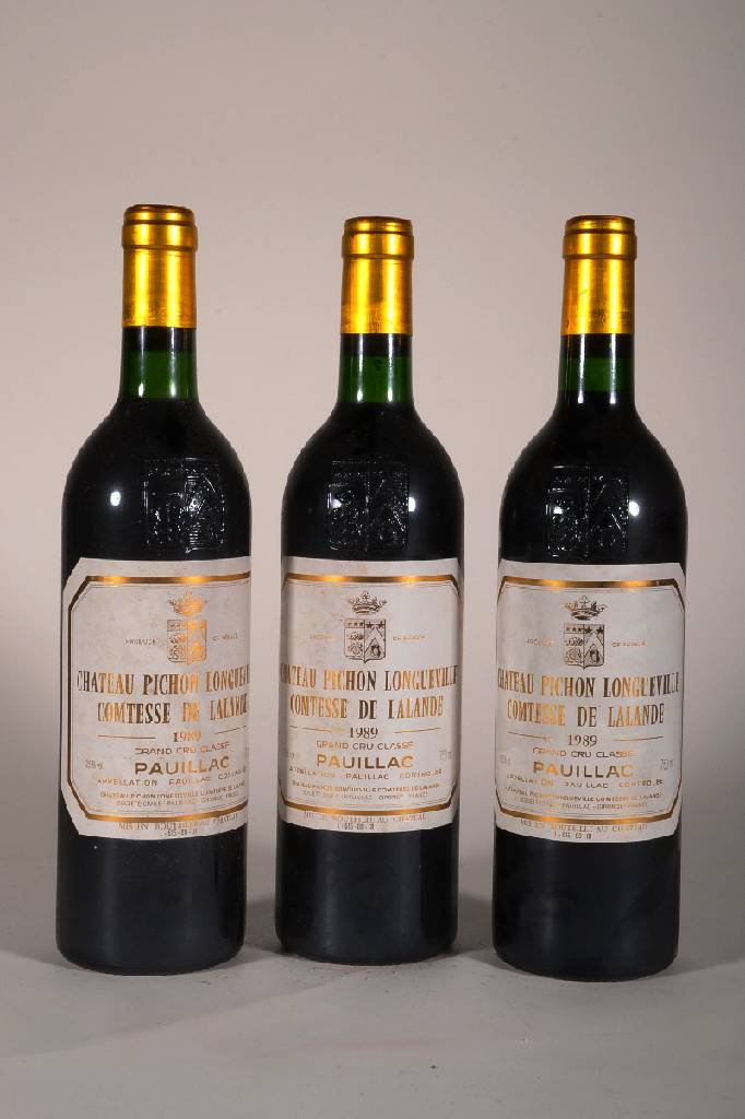 3 Flaschen 1989 Chateau Pichon Longueville Comtesse de Lalande, Pauillac, je ca. 75 cl,12,5 % Vol., Füllstand: je ca. into neck, unverkostet, sehr ...