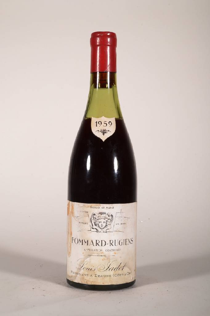 1 Flasche 1959 Pommard-Rugiens Louis Jadot, Abstand zwischen Kapsel und Wein: ca. 5,5 cm, unverkostet, Etikett Stockfleckig und l. beschmutzt sonst ...
