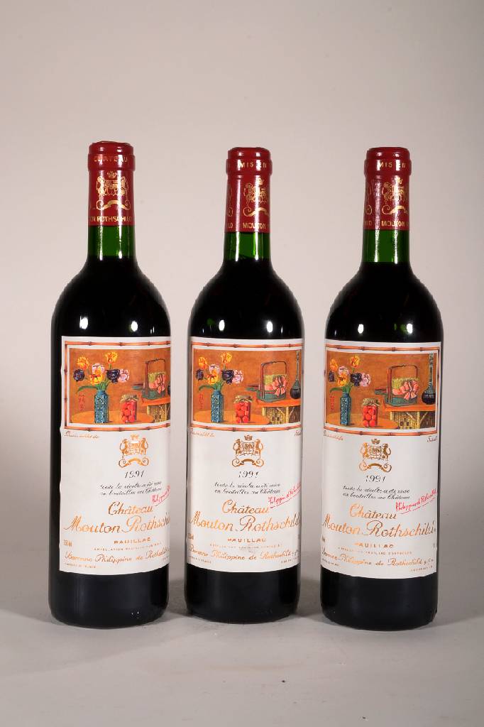 3 Flaschen 1991 Chateau Mouton Rothschild, Pauillac, je ca. 75 cl, 12,5 % Vol., Füllstände: je ca. into neck, unverkostet sehrgute ...