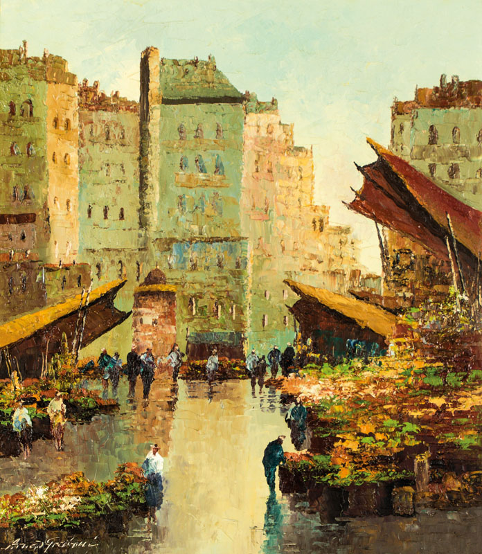 George Arnold-Grabone, Blumenmarkt in Paris,Öl/Lwd, sign., 80x70 cm, Stuckrahmen 100x85 cm