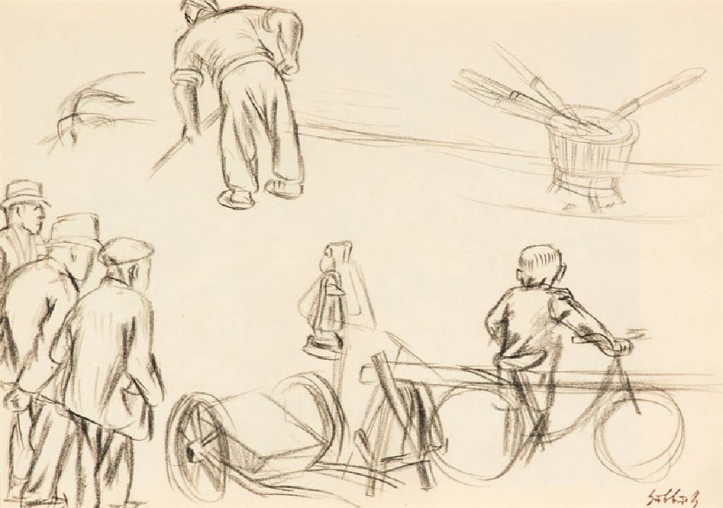 Karl Hubbuch, 1891-1979, Die Arbeiter, Kohlezeichnung, Signaturstempel, Blattgr. 22x31 cm